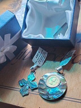 Sterling Silver Abalone Shell Pendants with Coin Accent&Cross - Blue Green